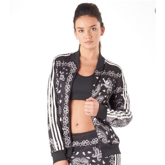ADIDAS | Black/White Paisley Bandana Print Zip Front Track Jacket Women’s Size M - Picture 3 of 12